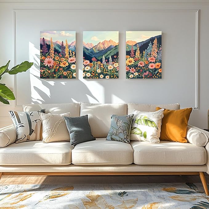 Hianan Mount Daisy Wildflower Landscape Wall Art, Colorful Floral Wall Decor, Boho Sunset Landscape Canvas Painting, Bright Botanical Poster Prints for Living Room Bedroom Framed 12"x16"x3