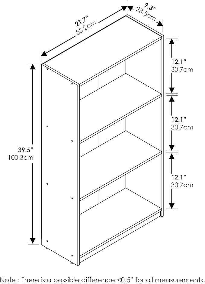 Furinno BASIC Book Shelf, 3-Tier Modern Bookshelf, Bookcase with Open Shelves, 9.3" x 21.8" x 39.5", for Living Room, Bedroom, Home Office, Light Cherry