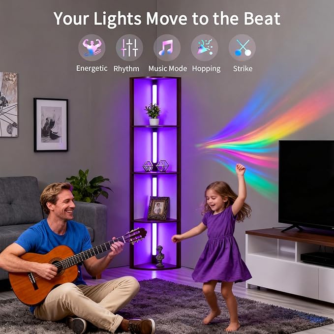 RGBCW Floor Lamp with Shelves, LED Smart Modern Floor Lamp with Music Sync, Color Changing Corner Display Shelf Lamp, Standing Lamp with Shelves for Living Room and Bedroom, Office, Black