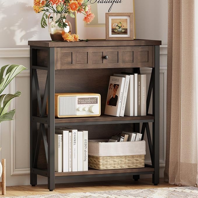 FATORRI Small Bookcase with Drawer, Industrial 3 Shelf Bookshelf, Wood and Metal Book Shelf, Short Book Shelves and Low Book case for Small Space (Rustic Brown)