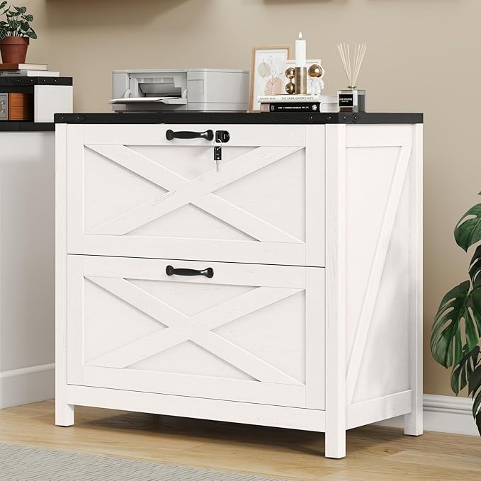 Lateral File Cabinet with 2 Large Drawers, Farmhouse File Cabinet with Lock for Letter/Legal/A4 Size Hanging Files, Wood File Storage Cabinets Printer Stand for Home Office Cabinets, White and Black