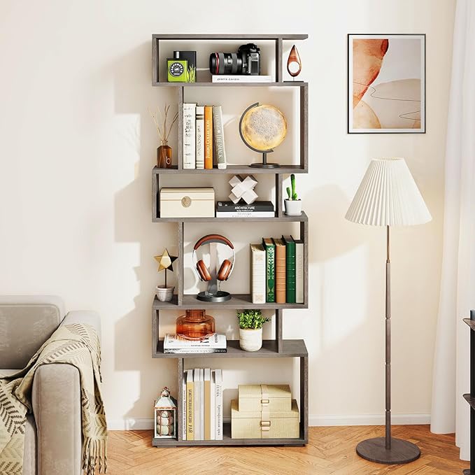Giantex 6-Tier Geometric Bookshelves Set of 2, S-Shaped Bookcase with 2 Anti-Tipping Kits, Wooden Display Shelf, Decorative Storage Shelving Unit, Home Storage Organizer for Office Living Room