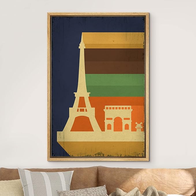 IDEA4WALL Framed Canvas Print Wall Art Retro Vintage French Eiffel Tower Poster Cultural Building Illustrations Modern Art Contemporary Scenic Warm for Living Room, Bedroom, Office - 24"x36" NATURAL