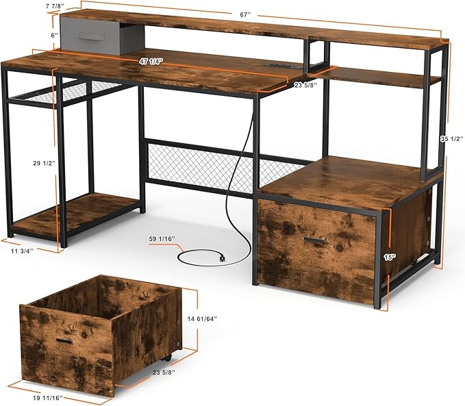 Home Office Desks with Drawers, 66'' Computer Desk with Storage, Office Desk with Monitor Stand, Work Desk with Outlets and USB, Gaming Table Desk with File Cabinet for Home Office Table, Brown