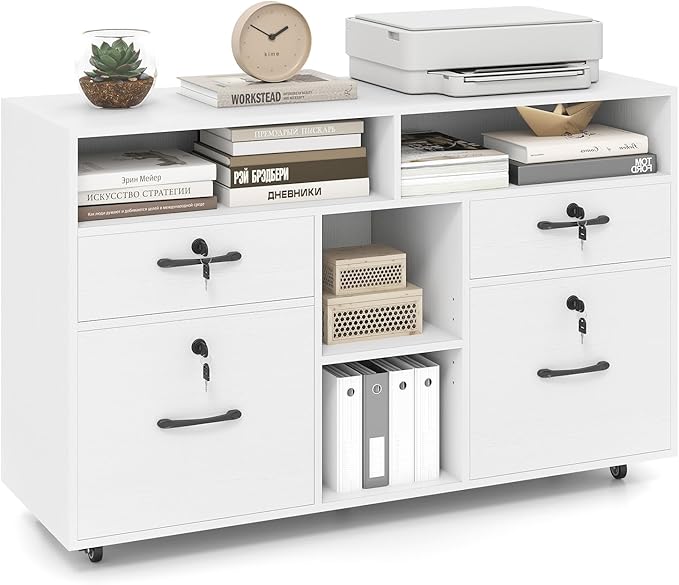 Giantex 4-Drawer Lateral File Cabinet with Lock, Adjustable Shelf, Open Components, 5 Rolling Wheels (2 Lockable), Fits Files A4/Letter Size, Mobile Filing Storage Organizer, Printer Stand (White)