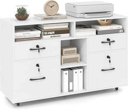 Giantex 4-Drawer Lateral File Cabinet with Lock, Adjustable Shelf, Open Components, 5 Rolling Wheels (2 Lockable), Fits Files A4/Letter Size, Mobile Filing Storage Organizer, Printer Stand (White)