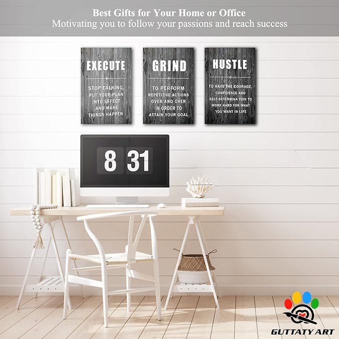 Office Wall Art - 3 Panel Motivational Wall Art, Inspirational Quotes Canvas Art for Home Office Wall Decor, Positive Quotes Wall Decor, Entrepreneur Grind Hustle Execution Poster Frame (12”x18”x3Pcs)