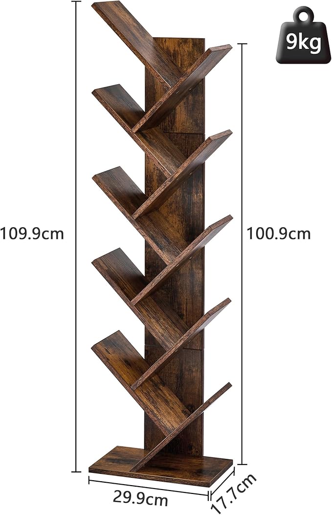 Hoctieon 10 Tier Tree Bookshelf, 10 Shelf Bookcase, Free Standing Tree Bookcase, Display Floor Standing Shelf for Books, Book Shelf Organizer, Rustic Brown