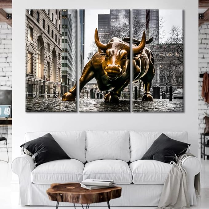 TUMOVO Modern Wall Decor 3 Panel Powerful Copper Bull Wall Art for Living Room Office Wall Decor Copper Bull Picture Painting Print on Canvas Stretched and Framed Ready to Hang - 60" Wx40 H
