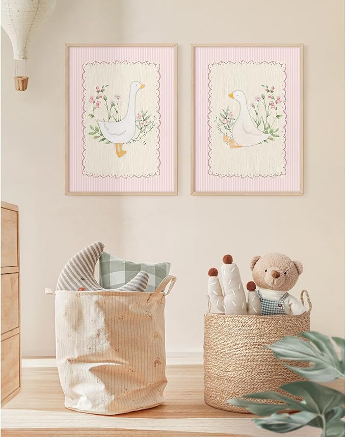 Vintage Nursery Wall Art Silly Goose Canvas Poster Pink Coquette Wall Decor Girls Room Pictures Baby Kids Poster Cute Animal Prints Floral Painting Artwork for Gallery Bedroom 16x24 Inch Unframed