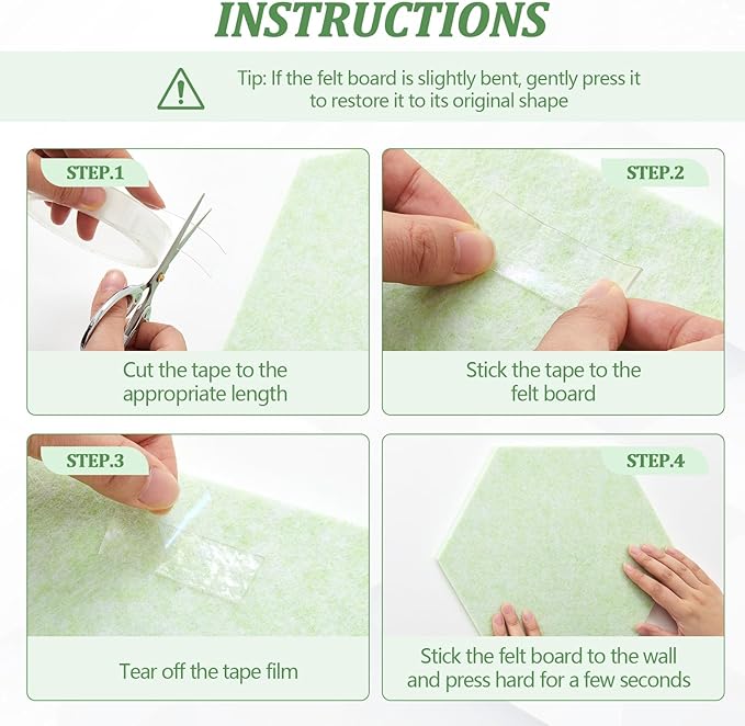 16 Pcs Hexagon Cork Board for Walls with 50 Wooden Push Pins 12x10 in Felt DIY Tiles Notice with Nano Tape Hanging Bulletin Board for Home Photo Office Memo Note (Green)