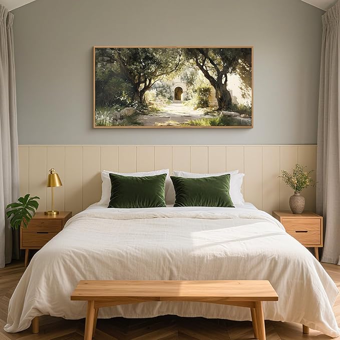 Ausril Garden of Gethsemane Landscape Framed Canvas Wall Art, Jerusalem Town Villages Scenery Prints, Jesus Boho Religious Decor, Christian Bible Art Painting for Bedroom Living Room Office 20"x40"