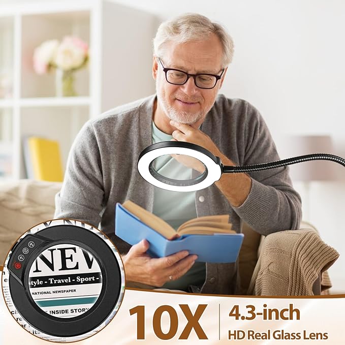 10X Magnifying Glass with Light and Stand, 24" Flexible Gooseneck Magnifying Floor Lamp, 3-in-1 LED 5 Color Modes Stepless Dimmable Lighted Magnifier Hands Free for Close Work, Hobby, Reading
