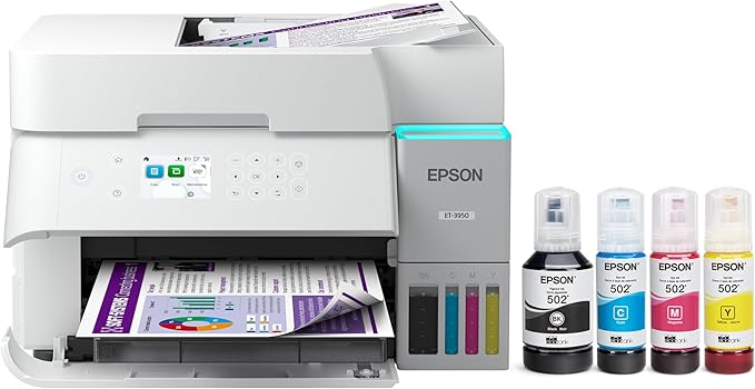 Epson EcoTank ET-3950 Wireless All-in-One Color Supertank Printer with up to 3 Years of Ink, Refillable Tanks, Perfect for Home Office, 18 PPM, 2.4" Color Screen, Auto Document Feeder (Renewed)