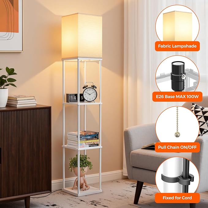 FOLKSMATE Floor Lamp with Shelves, 3-Tier Modern Square Bookshelf Floor Lamp, 3 Color Temperature Bulb Included, Floor Lamps for Living Room Bedroom Corner - White