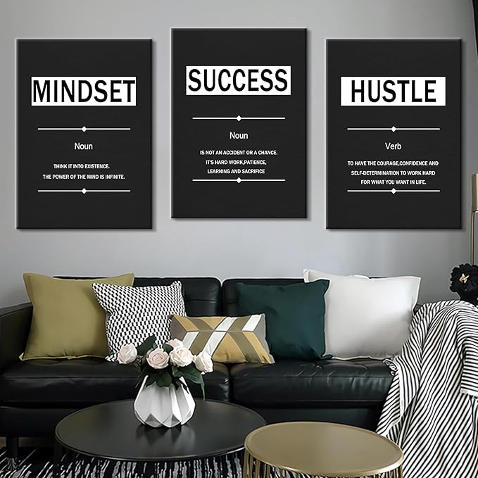 3 Pieces Inspirational Posters Wall Art Motivational Mindset Success Hustle Quotes Print on Canvas Positive Energy Painting for Modern Home Living Room Gym School Artwork Ready to Hang [60''Wx28''H]