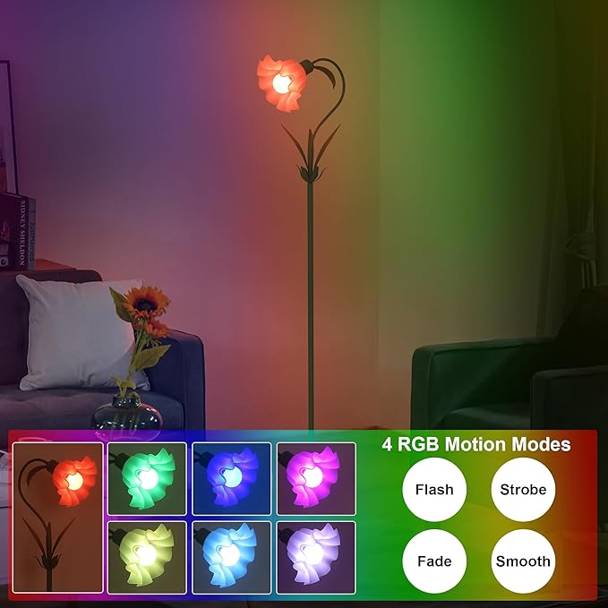 HMVPL Flower Floor Lamp for Living Room, Flower Standing Lamp with Remote Control, Floral Cute Tall Lamp with RGB Bulb, Dimming, Timer, Arc Vintage Floor Lamp for Bedroom Corner Kids Room Reading