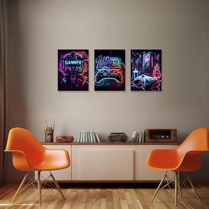 Gaming Room Decor-Video Gaming Theme Wall Art Framed,Gaming Wall Decor Video Game Poster for Boys Room Neon Gamepad Headphones Canvas Art Prints Cool Boys Bedroom Decor Wall Art,12x16inch