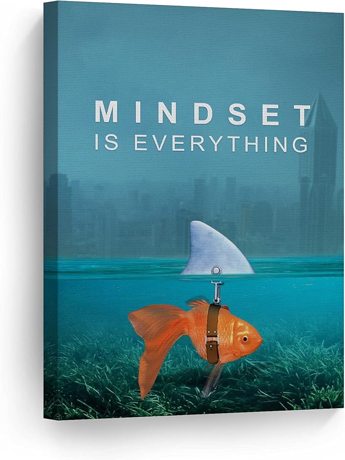 Smile Art Design Mindset is Everything Wall Art Canvas Print Goldfish Shark Entrepreneur Inspirational Motivational Quote Living Room Home Bedroom Office Decor Ready to Hang 22x15
