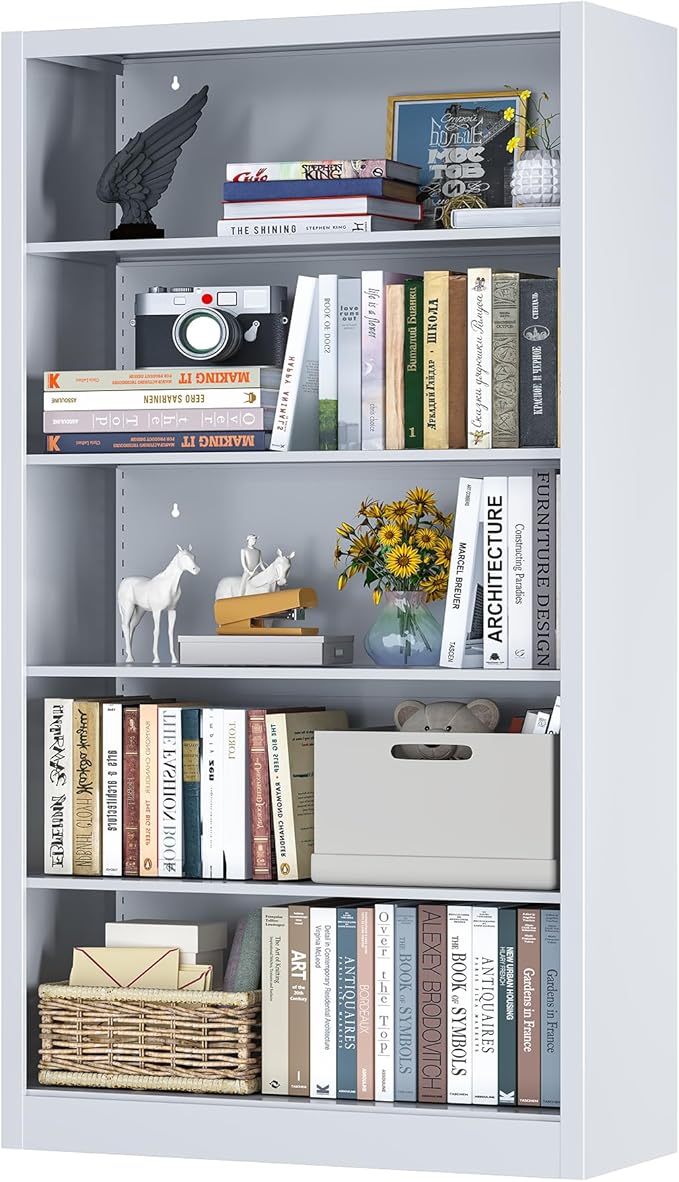 Bookcase, 5 Shelf Bookcases for Books, Garage Kit, CDs, Toys, Bookshelves and Bookcases for Home Office Library Living Room, Metal Book Case with Adjustable Shelves