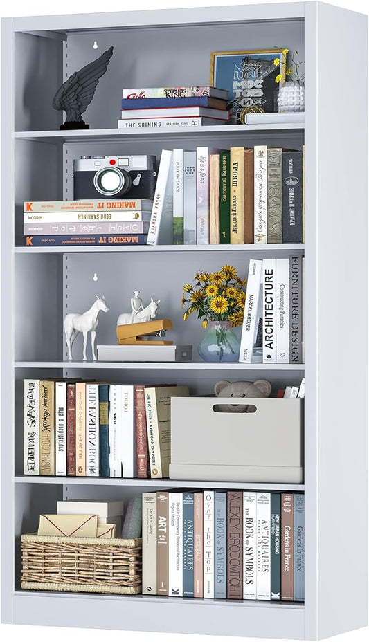 Bookcase, 5 Shelf Bookcases for Books, Garage Kit, CDs, Toys, Bookshelves and Bookcases for Home Office Library Living Room, Metal Book Case with Adjustable Shelves