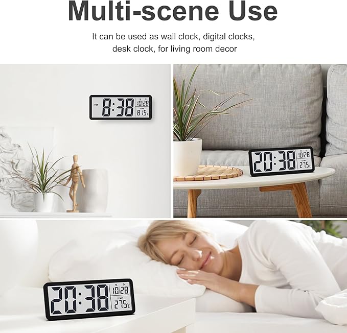 JoFomp LCD Digital Wall Clocks Battery Operated, 8.5" Modern Wall Clocks for Living Room Decor, Simple Digital Wall Clock with Temperature/Date/Time - 12/24H, Small Desk Clock for Bedroom Office