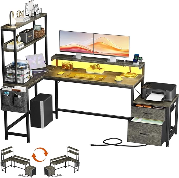 REAHOME 70 Inch L Shaped Desk with File Drawers and Reversible Storage Shelves, Computer Desk with Power Outlet & LED Strip, Home Office Desks, Bookshelf Desk, Writing Study Desk for Bedroom, Grey Oak