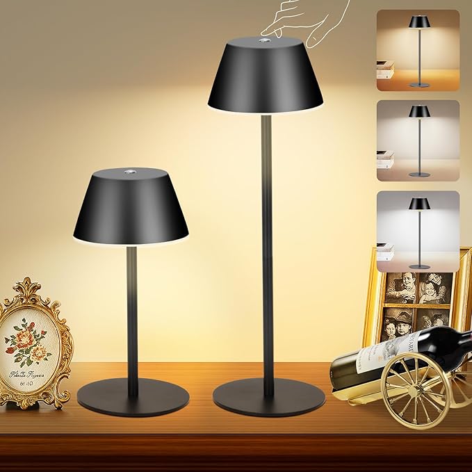 Cordless Table Lamps, LED Rechargeable Battery Operated Lamp with 2 Adjustable Height 3 Colors Stepless Dimming, Touch Control Wireless Desk Lamp for Restaurant,Bars,Coffee Shop (Black Set of 2)