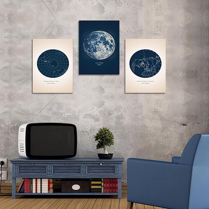 3 Piece Wall Art for Living Room - Astronomy Canvas Painting Star Map Print Constellation Pictures Moon Poster Nautical Wall Decor Navy Blue Artwork Framed for Bedroom Home Office, 12x16inx3Pcs