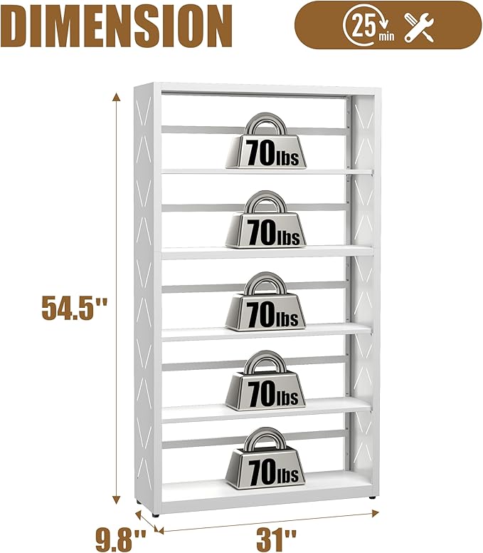 5 Tier Bookshelf, 55"Tall Metal Bookcase with Adjustable Shelves, Modern Display Book Shelf, White Bookcase Shelf, Utility Shelf, Storage Shelves for Office, Living Room, Kitchen, Study-31"W