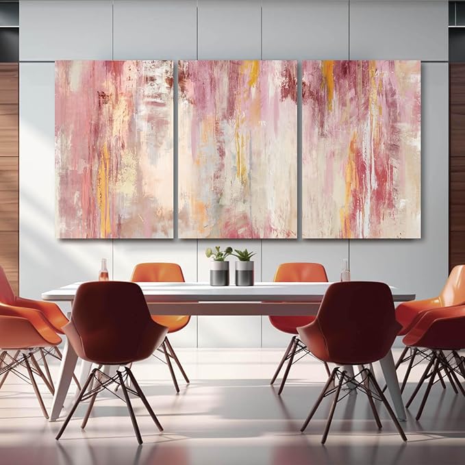 Kureful Large Pink Wall Art Gold Bedroom Decor for Teens Abstract Wall Art for Living Room Canvas Wall Paintings Gold Artwork Pictures for Wall 24"x 36"x 3 Panel