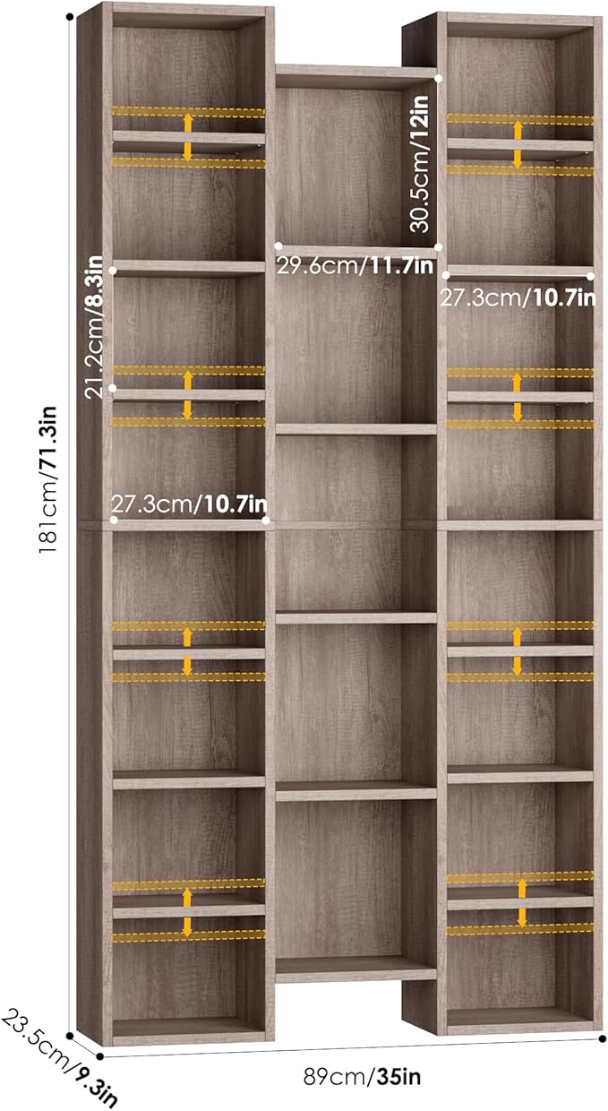 FOTOSOK 71'' Tall Bookshelf with 21 Cubes, 8 Tier Triple Wide Bookshelf with 8 Adjustable Shelves, 35" Large Bookcase DVD/CD Media Tower Storage, Freestanding Display Shelf Cabinet, Oak