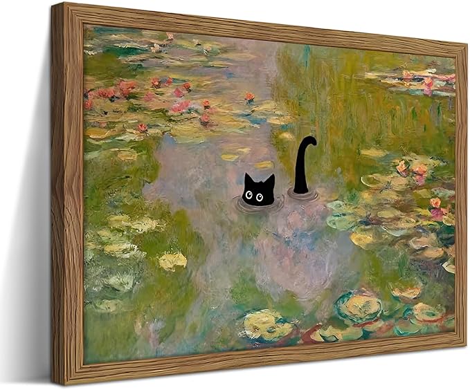Framed Cat Wall Art, Pink Whimsical Claude Monet Wall Decor, Funny Black Cat Bathroom Pictures Paintings, Vintage Cute Animal Water Lilies Aesthetic Posters Prints for Bathroom Bedroom 12x16 Inch