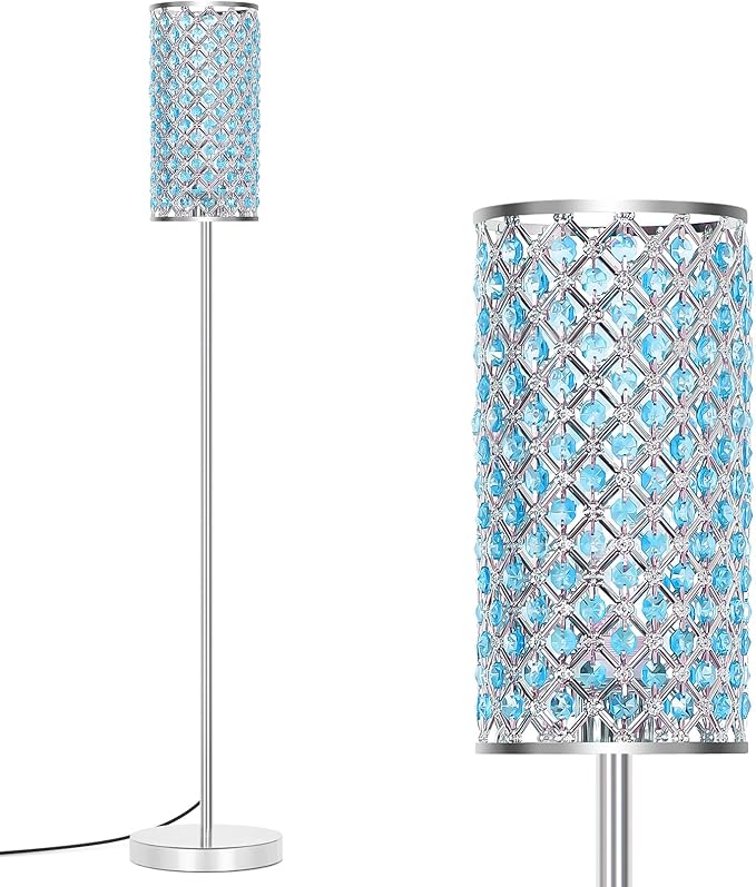 Floor Lamp for Living Room, Crystal Floor Lamp Girl Bedroom Lights, Silver Standing Lamps with Teal Shade, Elegant Standing Light Tall Pole Lamp for Bedroom, Dresser, Office (E26 Base)