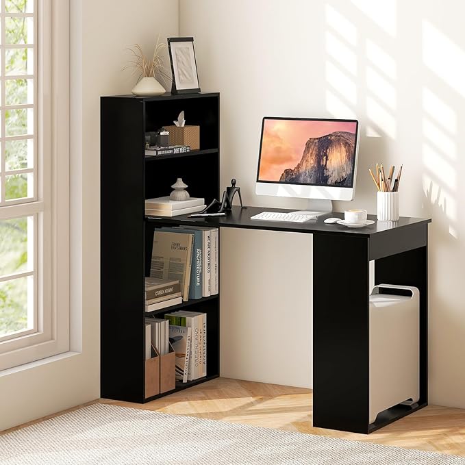 Tangkula Computer Desk with Bookshelf, Writing Study Desk with Storage Shelves & CPU Stand, Modern Compact Computer Workstation for Home & Office, Space-Saving Design (Black)