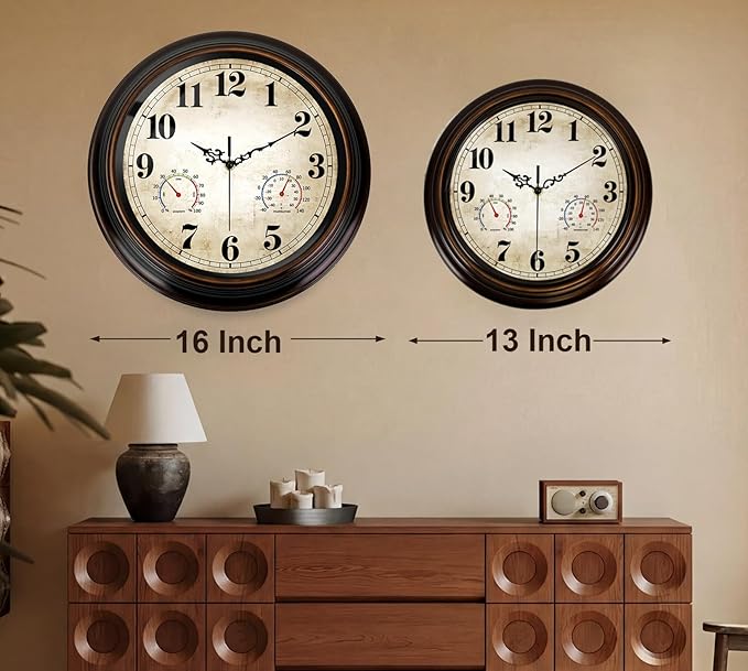 Vintage Wall Clock 16 Inch Quartz Silent Non-Ticking Analog Clock with Thermometer and Hygrometer, Battery Operated Rustic Round Decorative Clock for Living Room Home Office Classroom