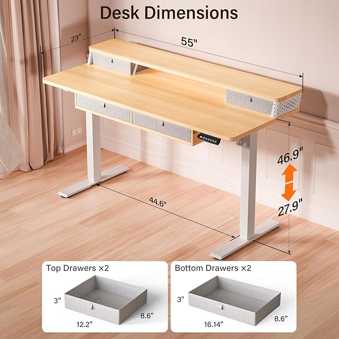 Kingant 55 x 24 Inch Electric Standing Desk with 4 Drawers, Height Adjustable Sit to Stand Computer Desk with Storage Shelf and C-Clamp Mount Compatibility for Home Office, Nature