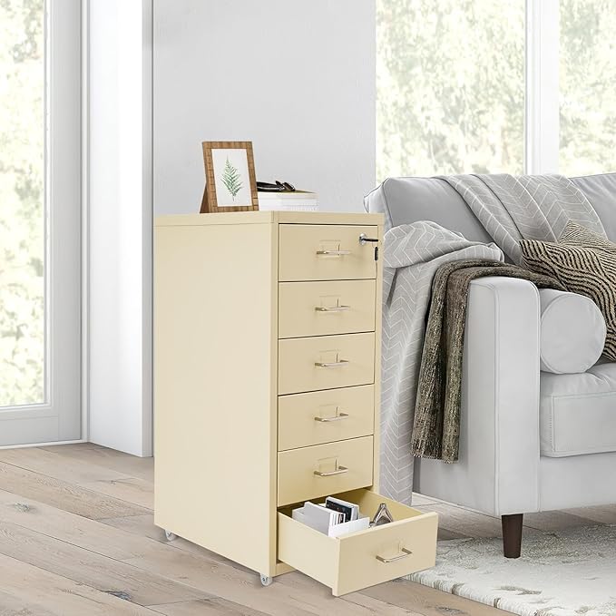 Vertical File Cabinets | 6 Drawer File Cabinet with Lock | Steel Lockable Storage Cabinets | Metal S-torage Cabinet for Home Office | storage A4/F4/Letter/Legal | With 4 Wheels | 2X Keys (Beige)