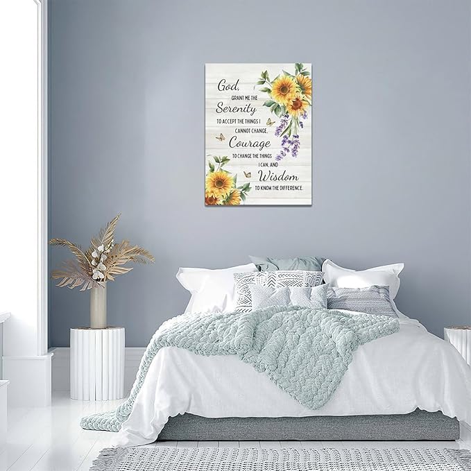 Serenity Prayer Wall Decor Christian Religious Sunflower Pictures Inspirational Bible Verses Scripture Canvas Wall Art God Painting Home Modern Artwork Framed for Living Room Bedroom Office 12x16inch