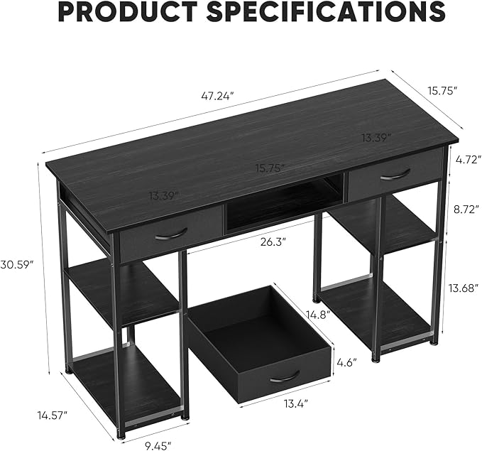 DUMOS 48" Small Computer Home Office Desk for Bedroom with Drawers, Gaming Writing Study Table with Storage Shelf, Adjustable Feet, Metal Frame Black