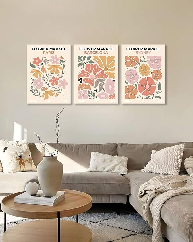 Sage Green Boho Wall Art Set of 3, Minimalist Framed Wall Art Geometric Line Leaf Beige Green Canvas Artwork Paintings, Abstract Botanical Boho Room Decor, Office, 12"x16"