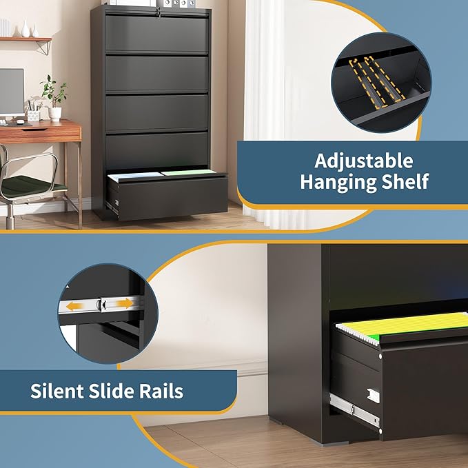 5 Drawer File Cabinet with Lock, Lateral Filing Cabinets,Metal Storage Filing Cabinets for Home Office, Heavy Duty File Cabinet for Letter/Legal/A4/F4 Size Amsseble Required, Black