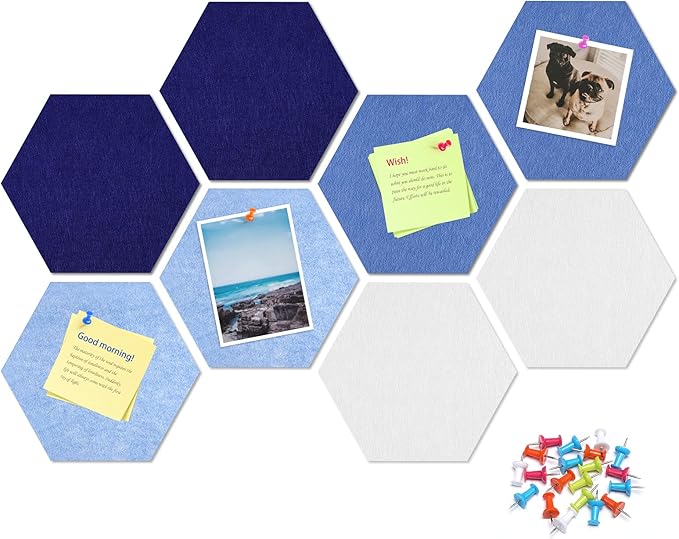 8 Pack Hexagon Felt Bulletin Board Tiles - 11.8" Large Thick Pin Board for Walls with 30 Push Pins, DIY Boards for Office Home School Decor, Aesthetic Hex Cork Board Alternative