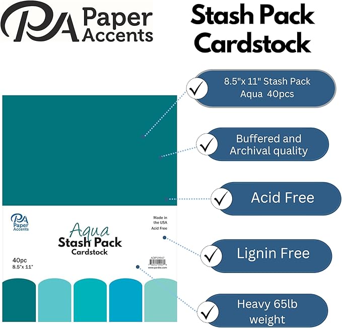 PA Paper Accents Stash Pack Cardstock Pack 8.5" x 11" Aqua, colored cardstock paper for card making, scrapbooking, printing, quilling and crafts, 65lb., 40 pieces