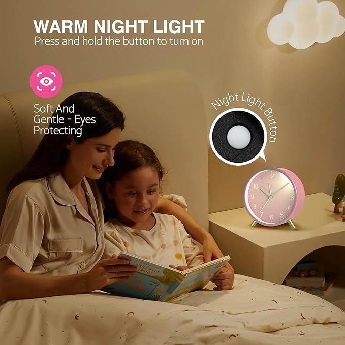 Analog Alarm Clock for Girls, Super Silent Non Tick with Night Light, Battery Operated,Bedroom Clock for Mom,Fashionable Round Metal Alarm Clock for Office, Elderly,Adults,Children School Gift