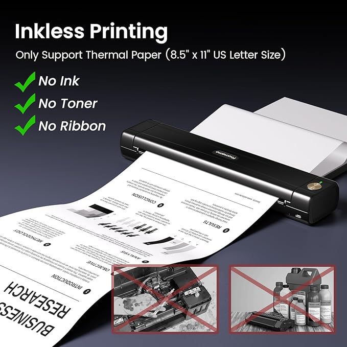 Phomemo M08E Portable Printers Wireless for Travel, Bluetooth Inkless Thermal Printer Support 8.5'' x 11'' US Letter, Compatible with iPhone, Android Phone, Laptop for Office Car Home Use