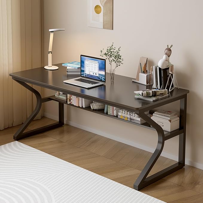 Extra Long Desk with Bookshelf - 55" Double Long Writing Table for 2-Person Workstation, Modern Study Work Computer Desk for Home and Office, Black