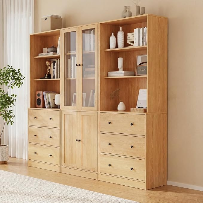 TUSY 71" H Bookshelf with Storage, 6-Tier Modern Bookshelves with 3 Large Drawer, Display Bookcase with Glass Doors, Modern 5-Tier Curio Cabinet for Home Office, Dining Room (Wood, BAB)