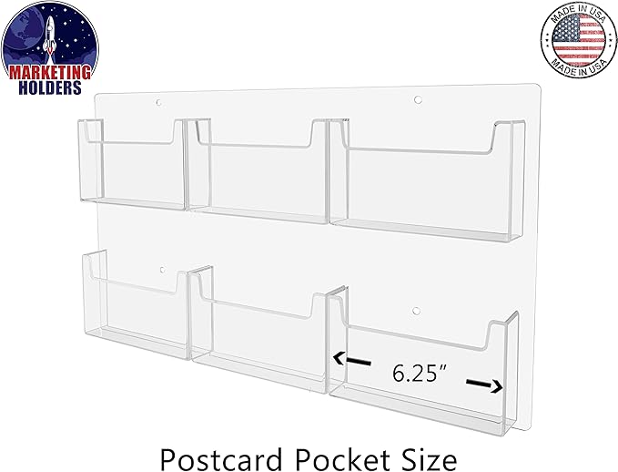 Marketing Holders Postcard Holder Holds 6" x 4" Printed Material Clear Acrylic Wall Mount Index Cards Display Rack with Hanging Hardware 6 Pocket Recipe Invitation Caddy Souvenir
