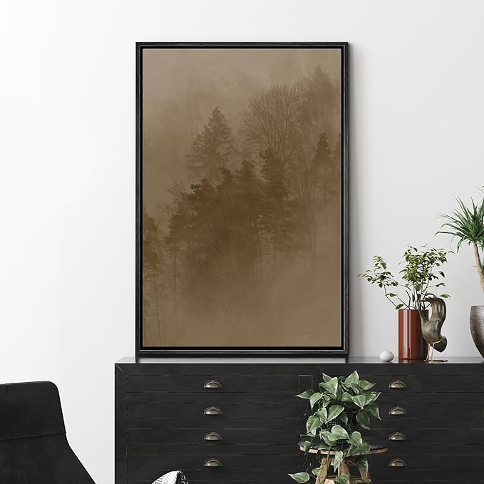 MUDECOR Framed Canvas Print Wall Art Sepia-Toned Misty Forest Landscape Illustrations Minimalism Decorative Relax Colorful for Living Room, Bedroom, Office - 16"x24" Black